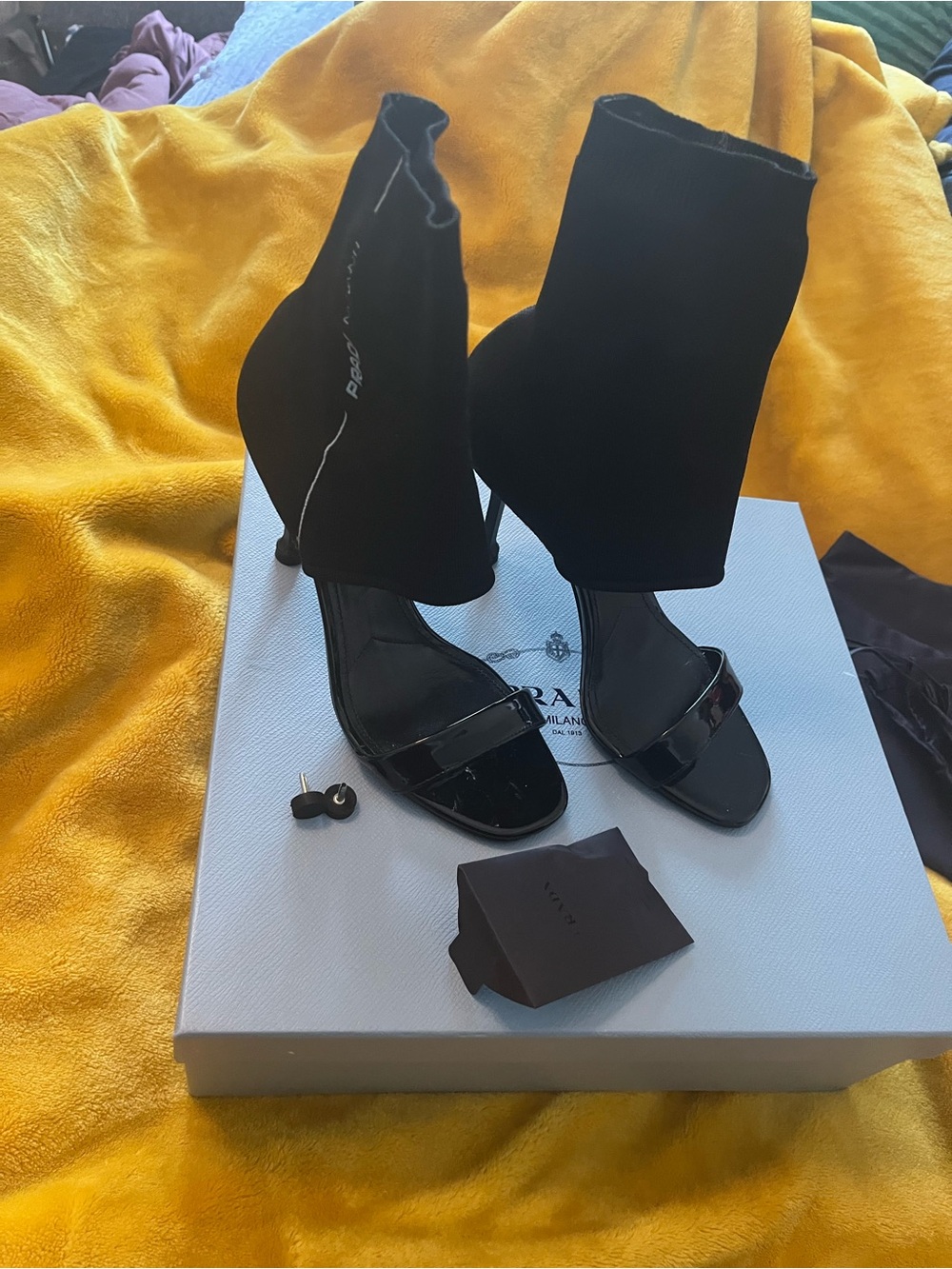 Prada Black Open-Toe Sock Boot Heels